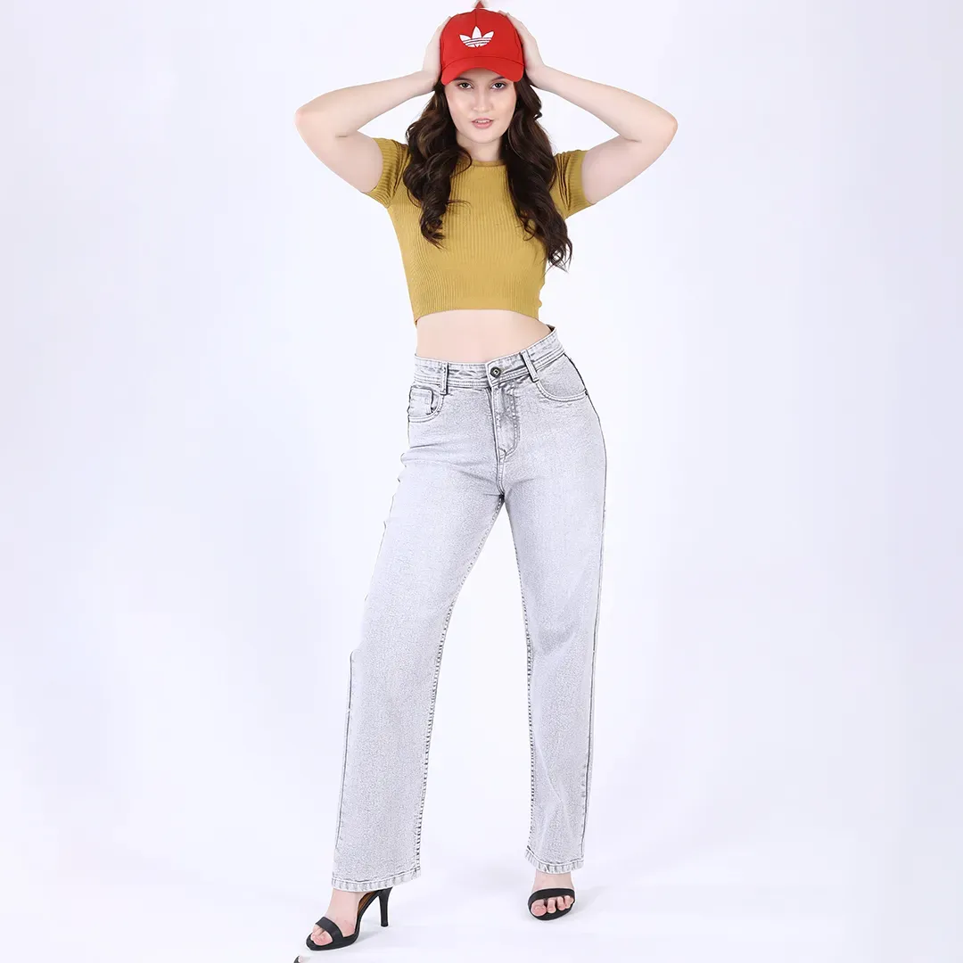 Women's Light Grey Mid-Rise Straight Fit Jeans