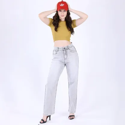 Women's Light Grey Mid-Rise Straight Fit Jeans