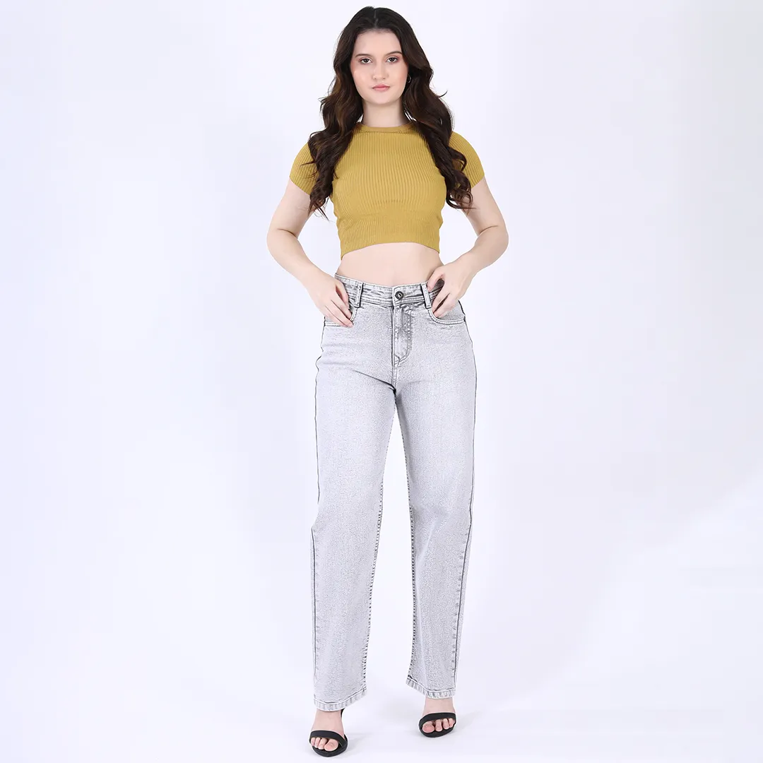 Women's Light Grey Mid-Rise Straight Fit Jeans