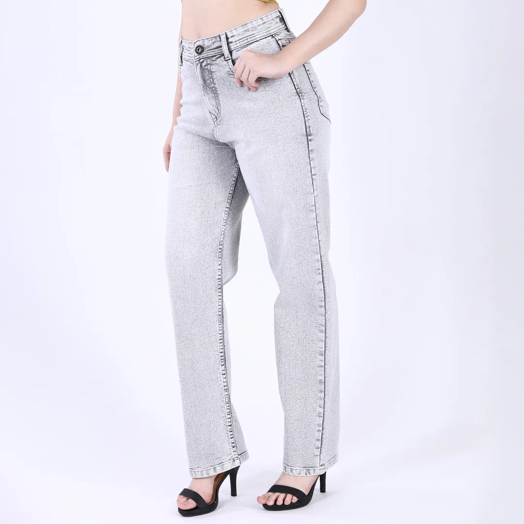 Women's Light Grey Mid-Rise Straight Fit Jeans