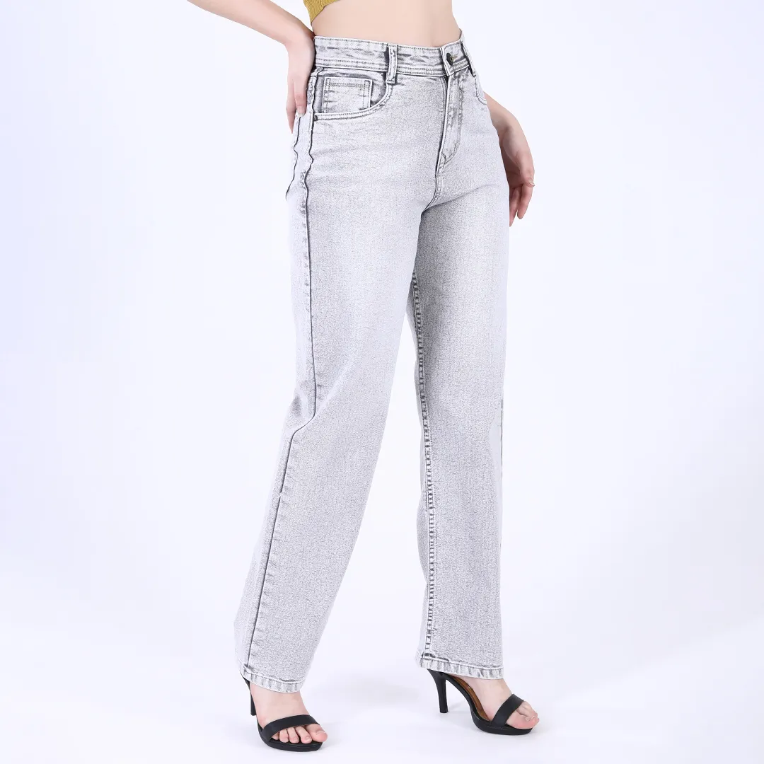 Women's Light Grey Mid-Rise Straight Fit Jeans