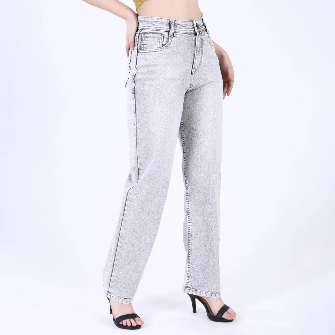 Women's Light Grey Mid-Rise Straight Fit Jeans