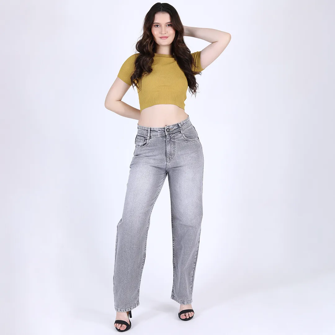 Women's Grey Mid-Rise Straight Fit Jeans