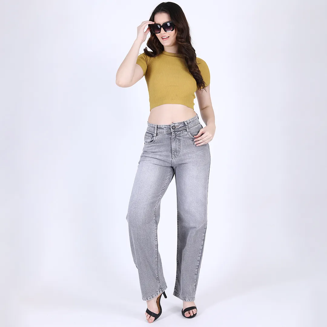 Women's Grey Mid-Rise Straight Fit Jeans