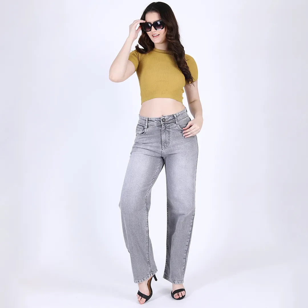 Women's Grey Mid-Rise Straight Fit Jeans