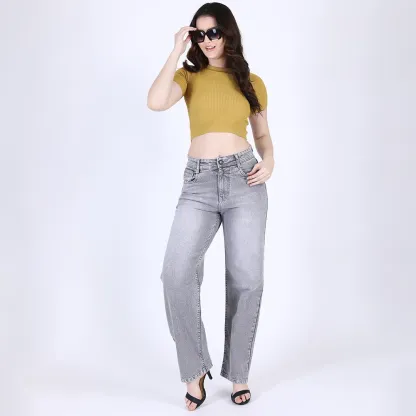 Women's Grey Mid-Rise Straight Fit Jeans