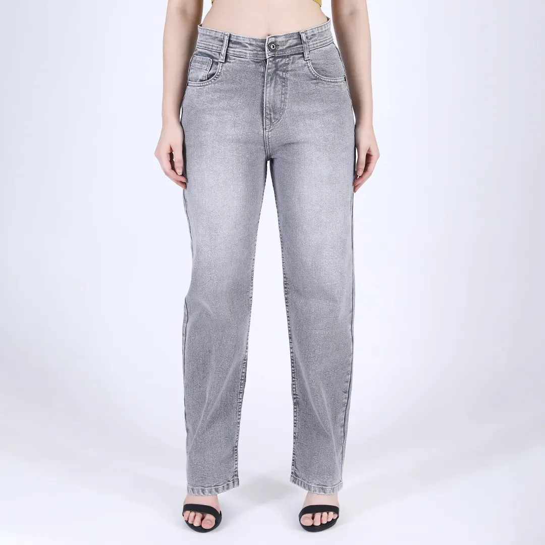 Women's Grey Mid-Rise Straight Fit Jeans