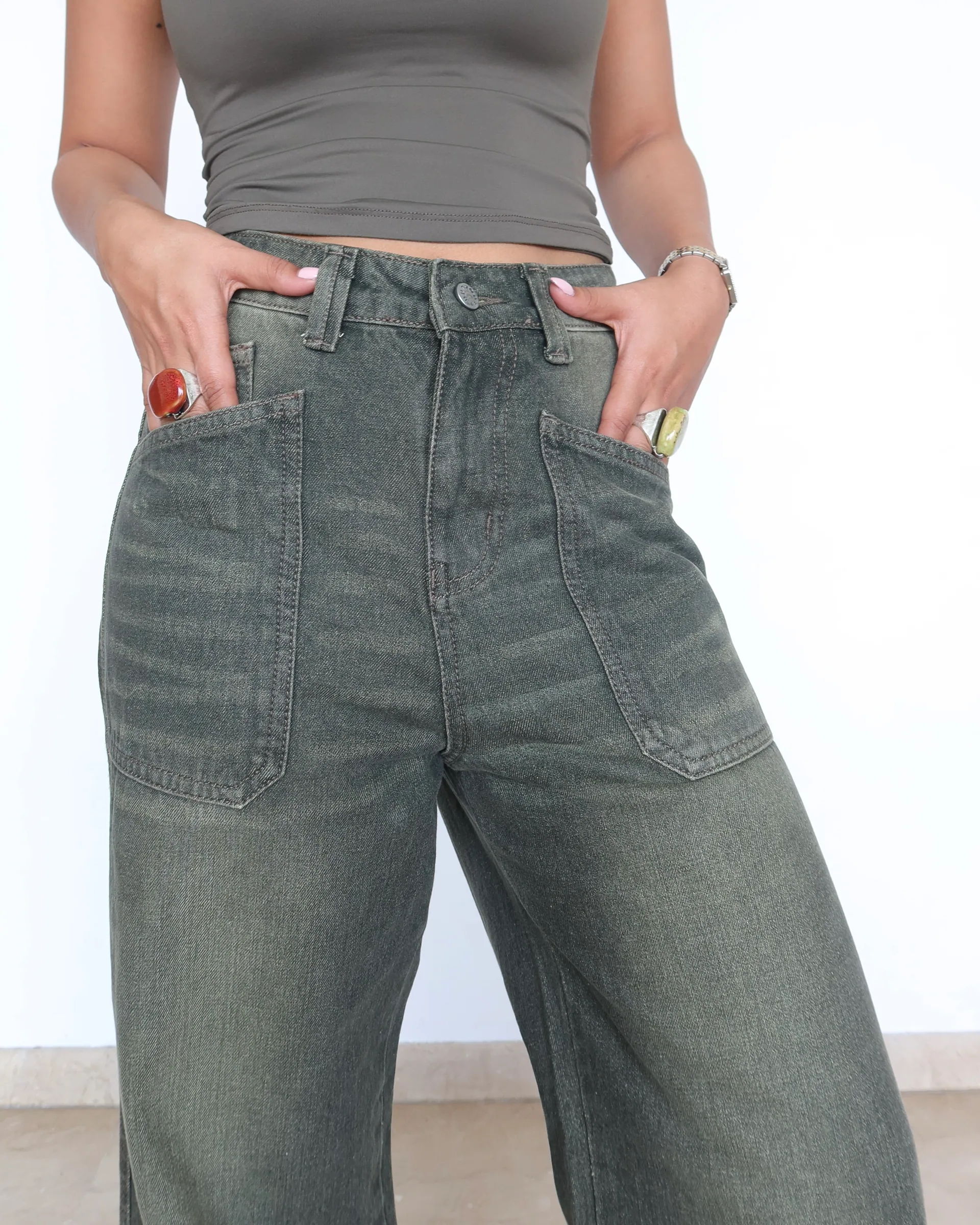 Olive Tone Baggy Jeans