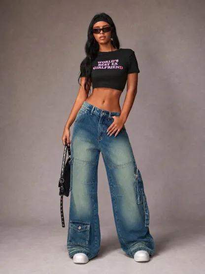 Navy Casual Wide-Leg Cargo Denim