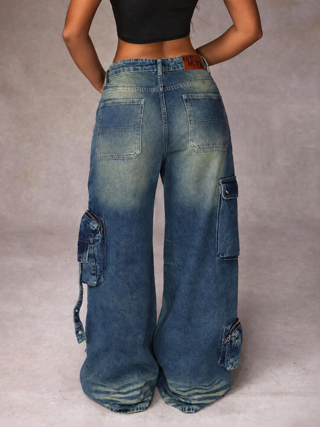 Navy Casual Wide-Leg Cargo Denim