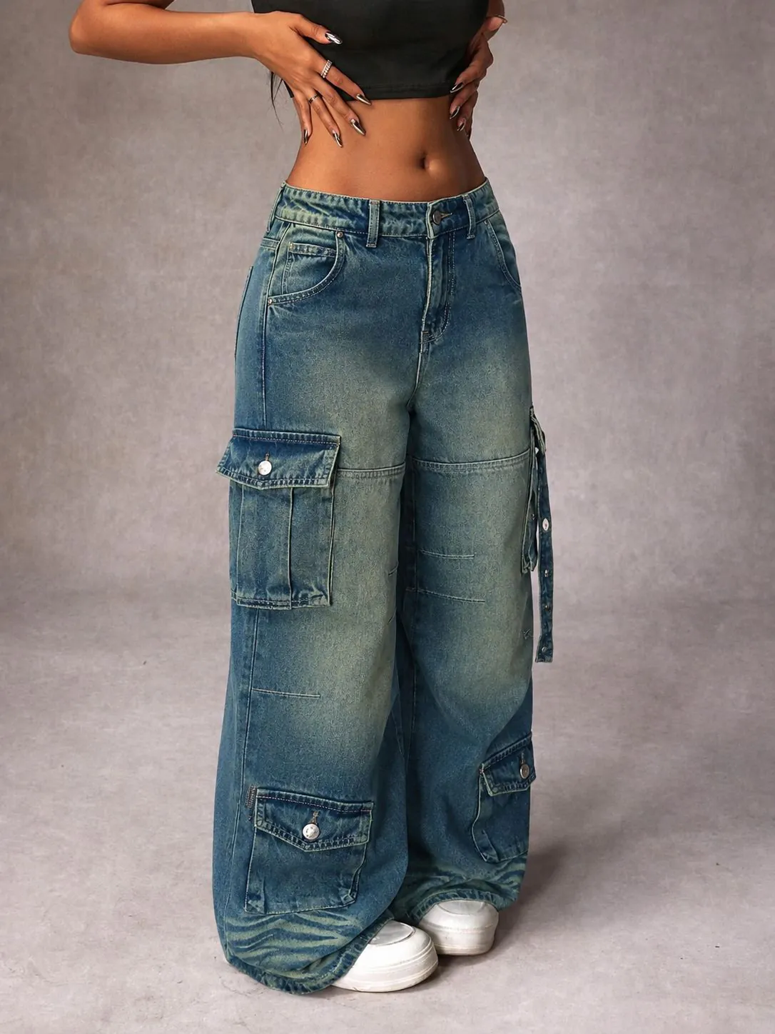 Navy Casual Wide-Leg Cargo Denim