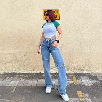 Blue Basic Ripped Straight Leg High Rise Jeans