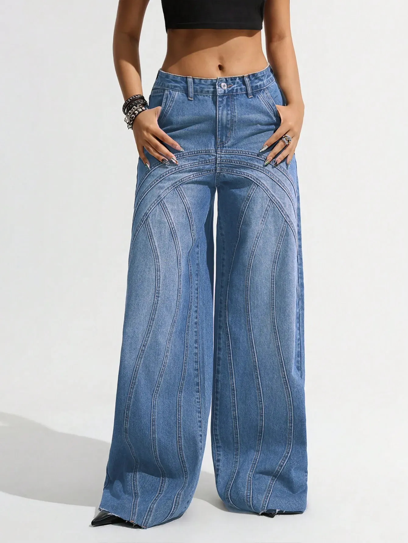 Contrast Panel Wide Leg Jeans