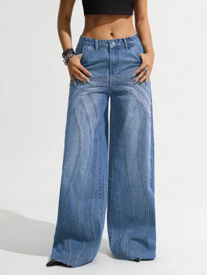 Contrast Panel Wide Leg Jeans