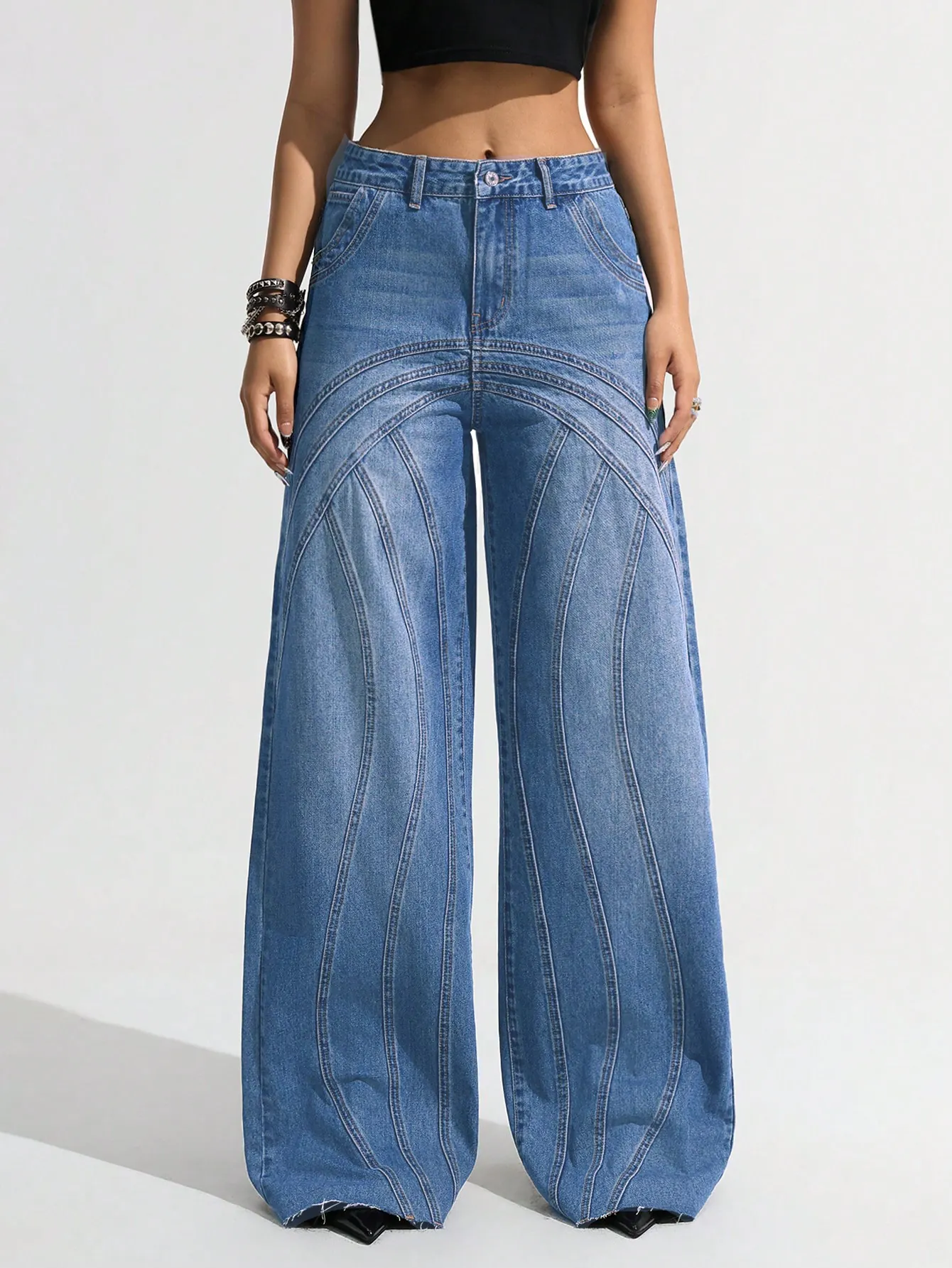 Contrast Panel Wide Leg Jeans