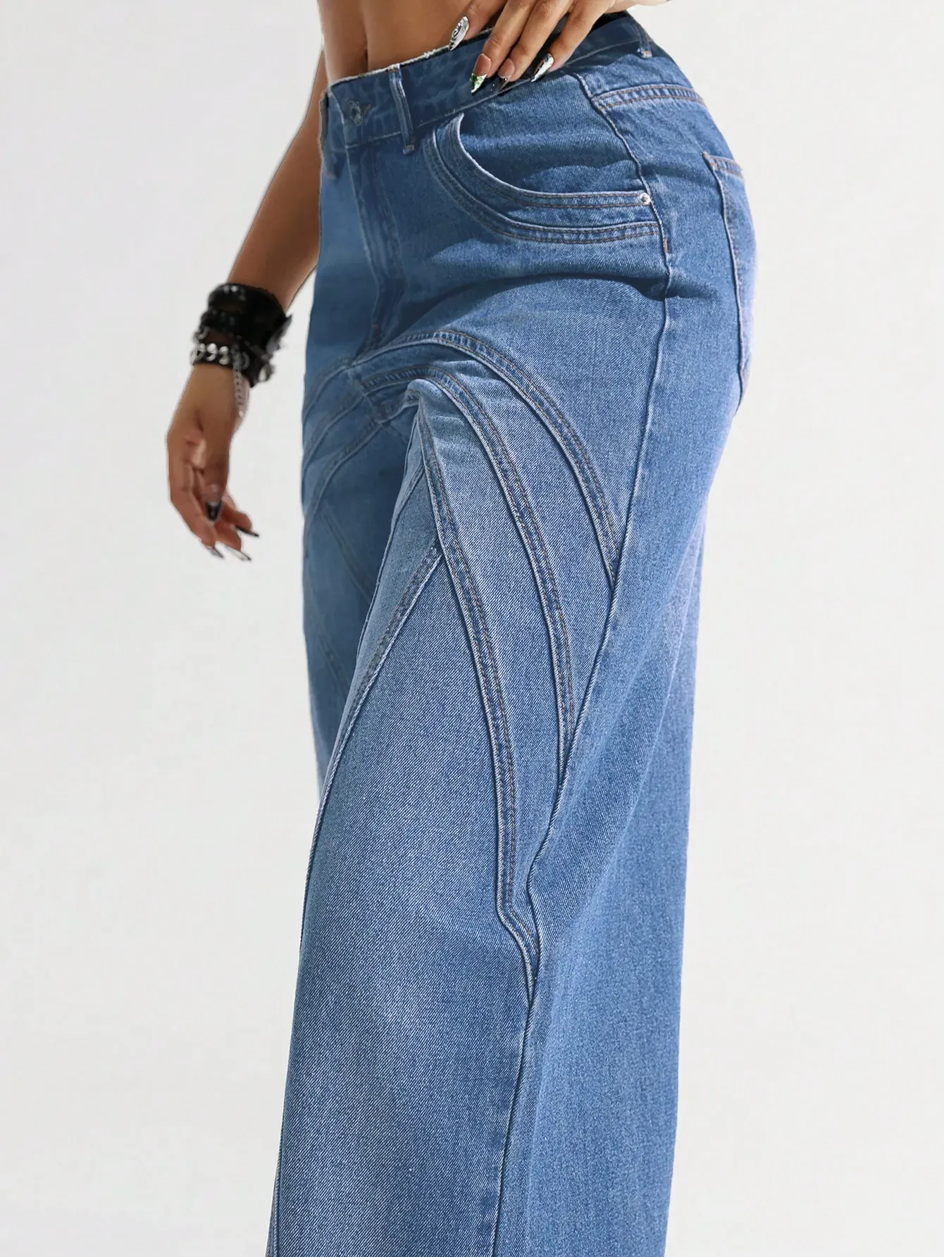 Contrast Panel Wide Leg Jeans