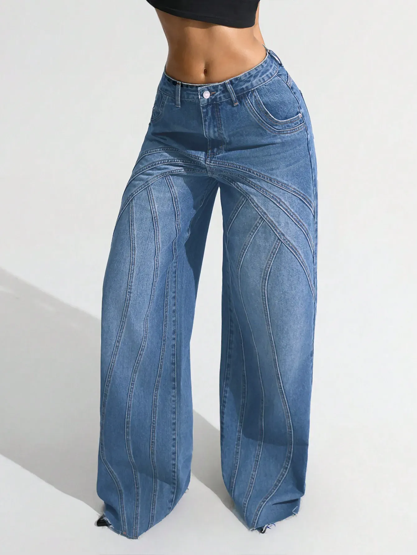 Contrast Panel Wide Leg Jeans