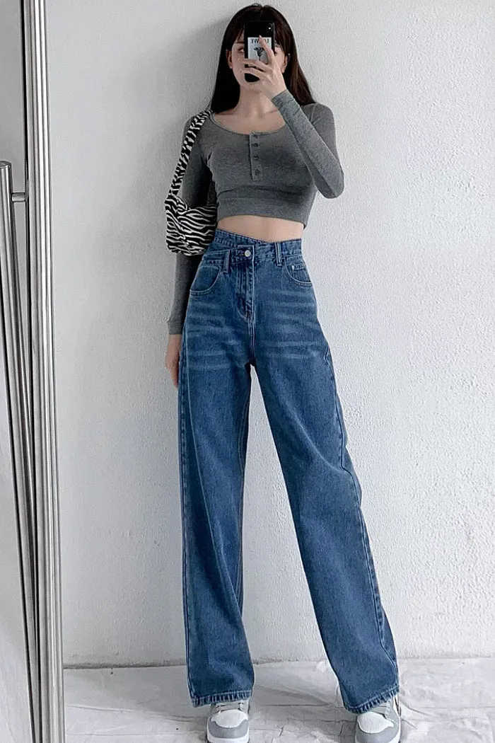 Blue Wrap Waist Straight Fit Jeans