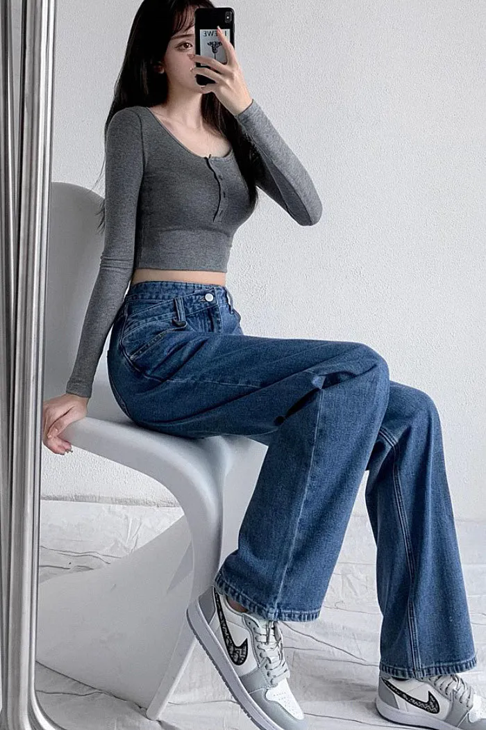 Blue Wrap Waist Straight Fit Jeans