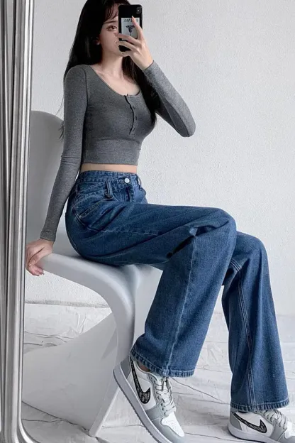 Blue Wrap Waist Straight Fit Jeans