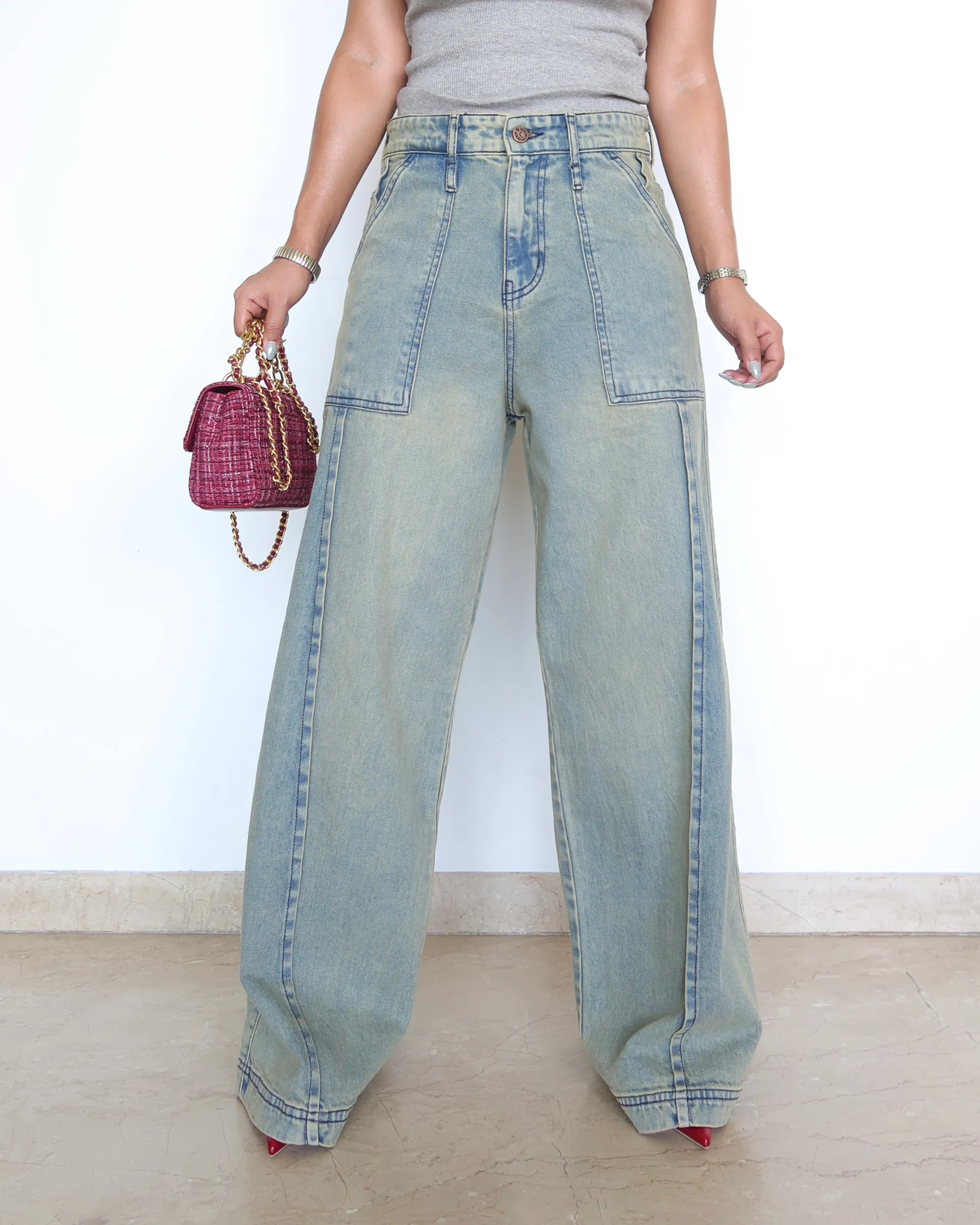 Washed Blue Wide Leg Jeans