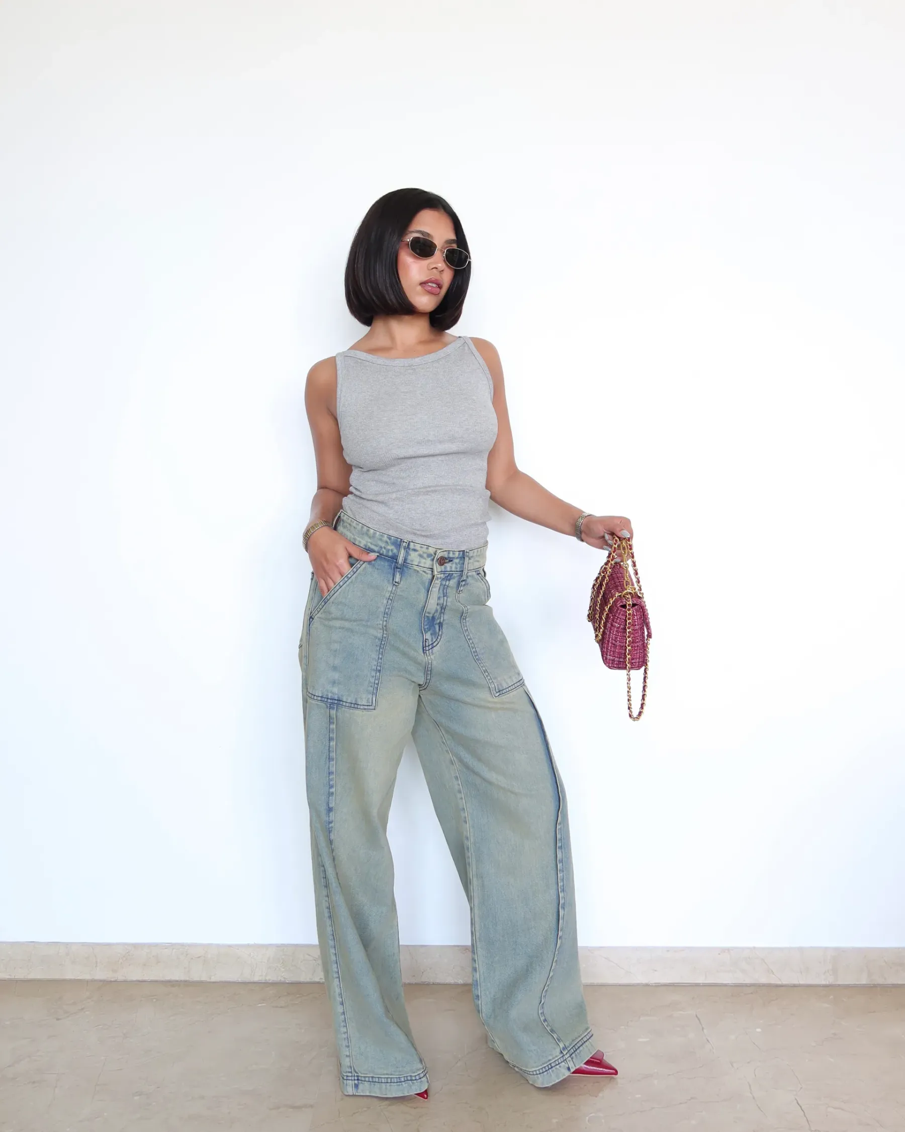 Washed Blue Wide Leg Jeans