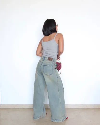 Washed Blue Wide Leg Jeans