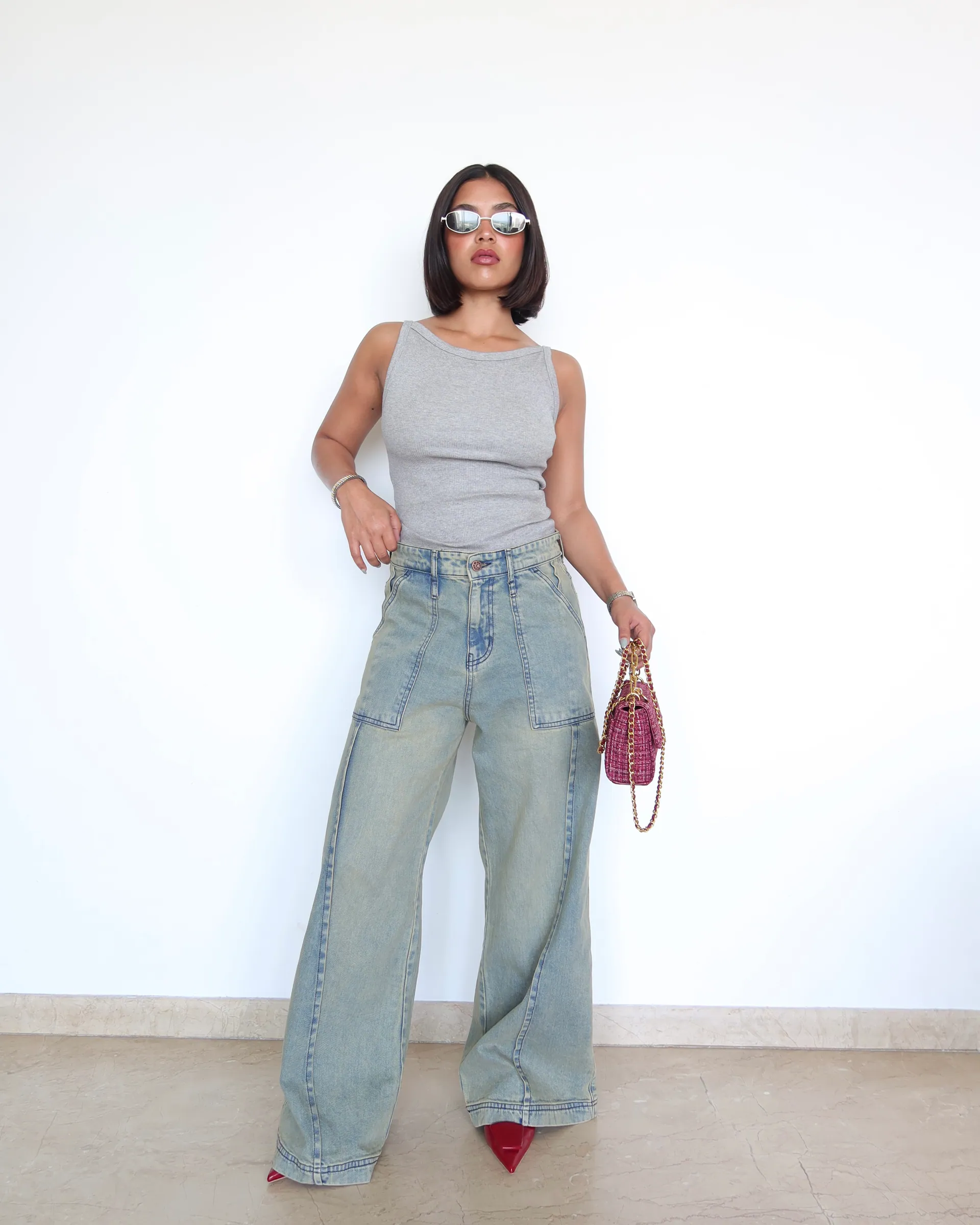 Washed Blue Wide Leg Jeans