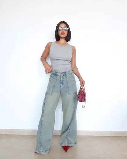 Washed Blue Wide Leg Jeans