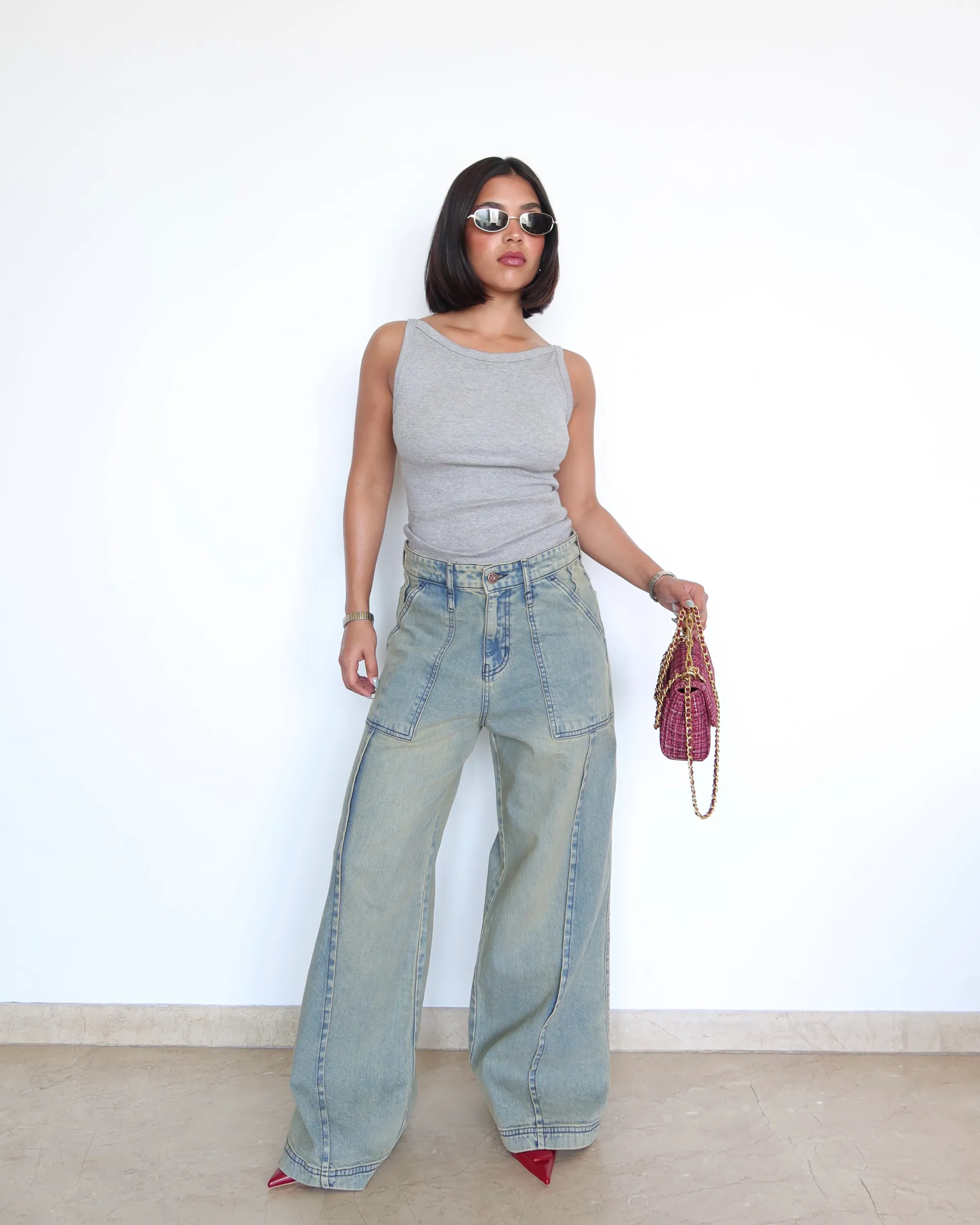 Washed Blue Wide Leg Jeans