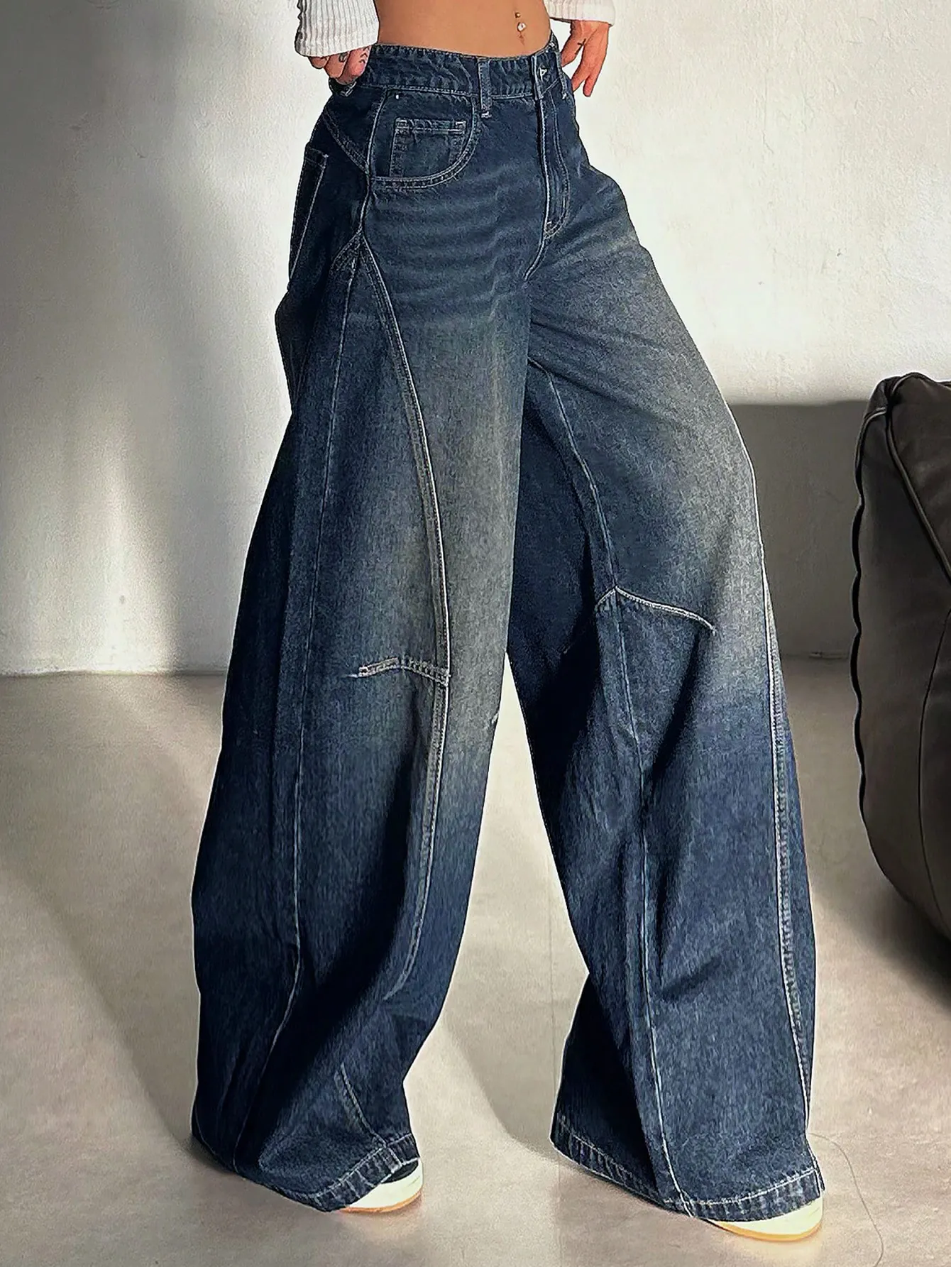Panel Detail Wide Leg Jeans