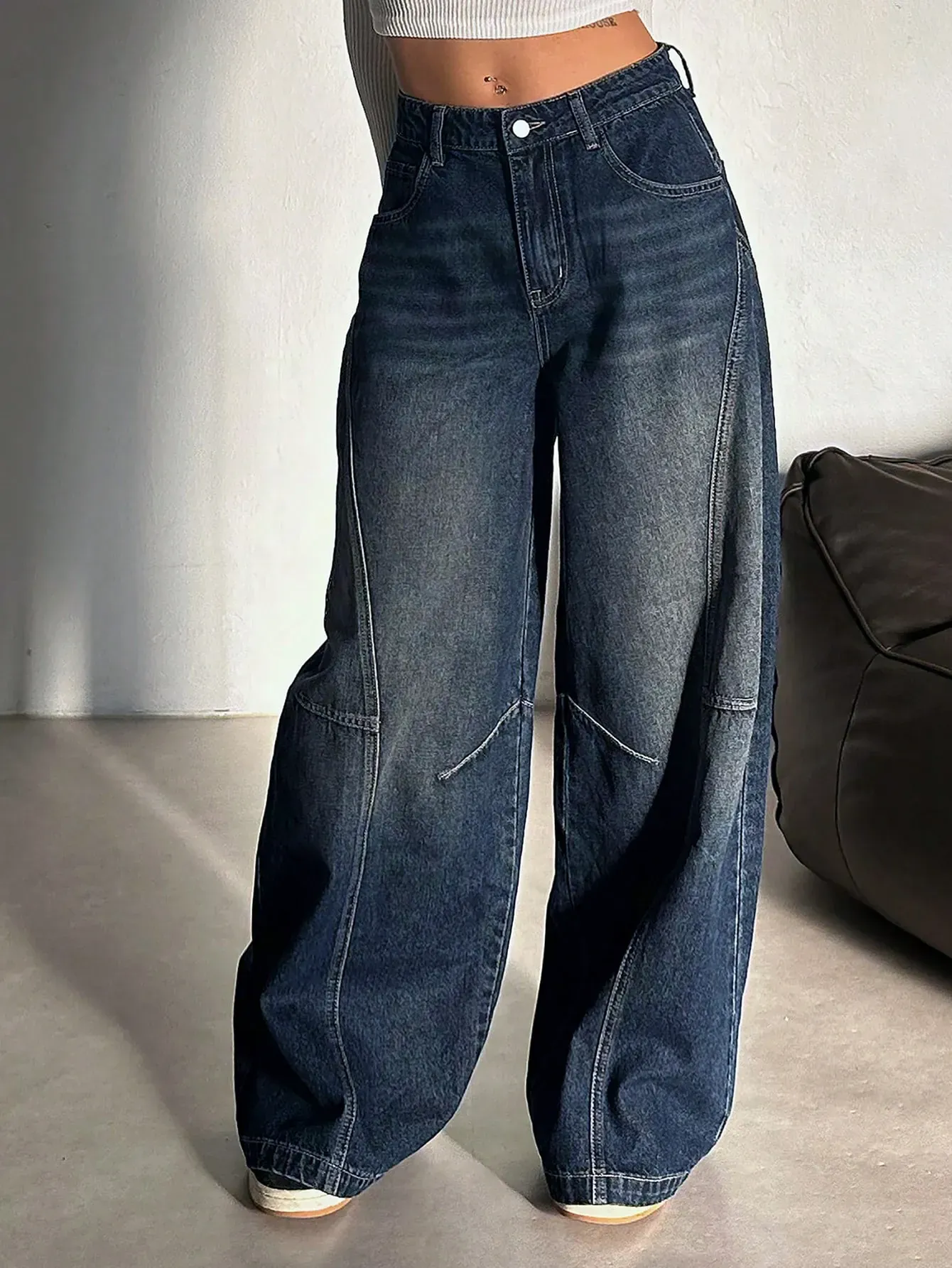 Panel Detail Wide Leg Jeans