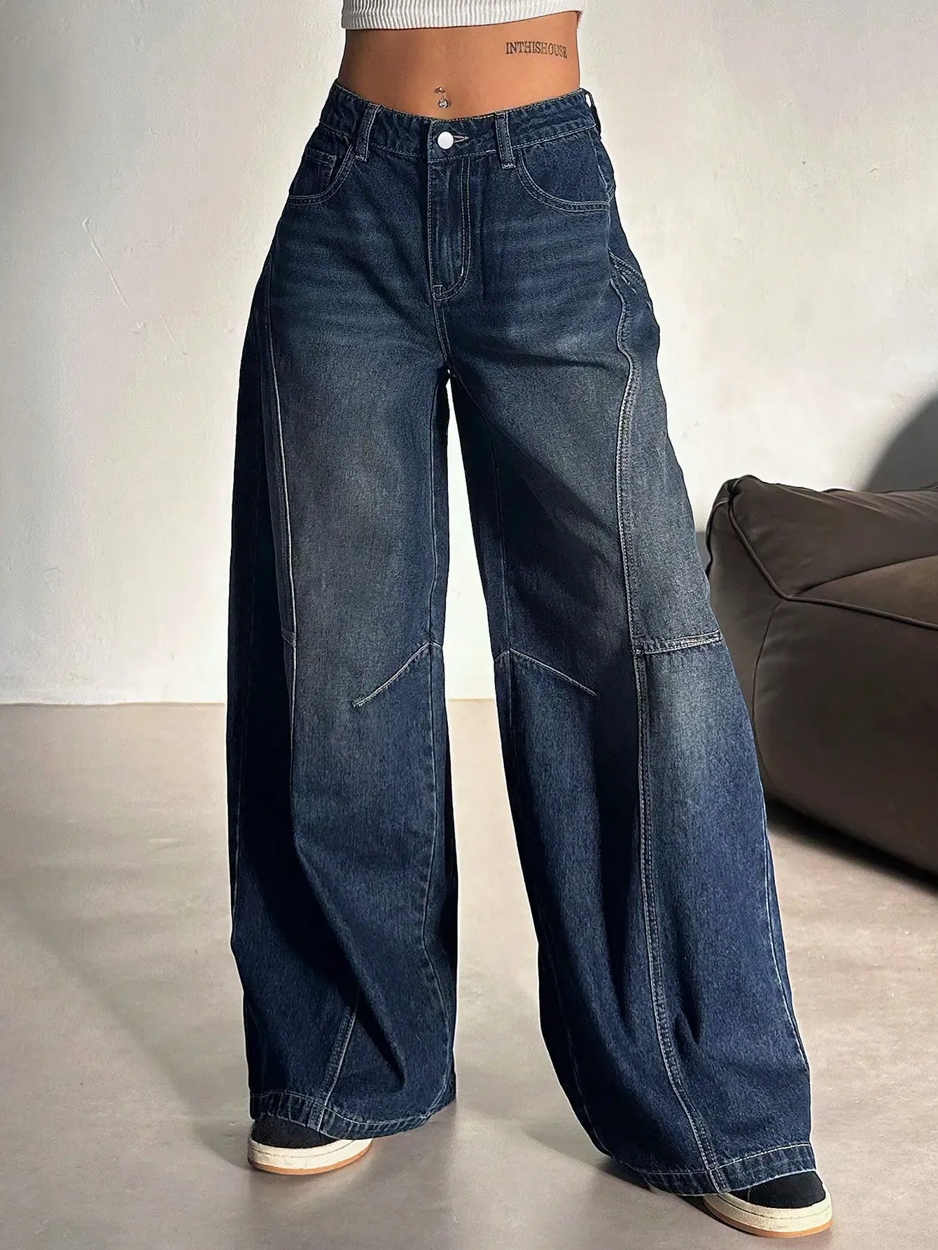 Panel Detail Wide Leg Jeans