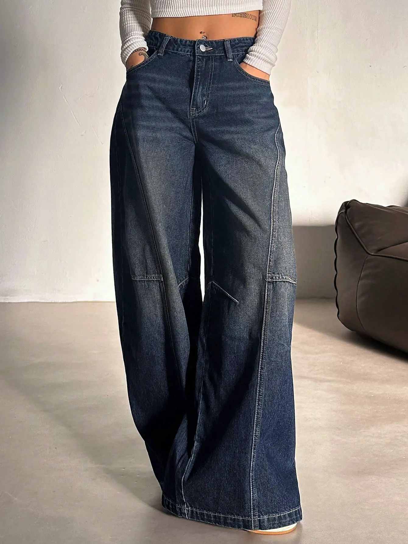 Panel Detail Wide Leg Jeans