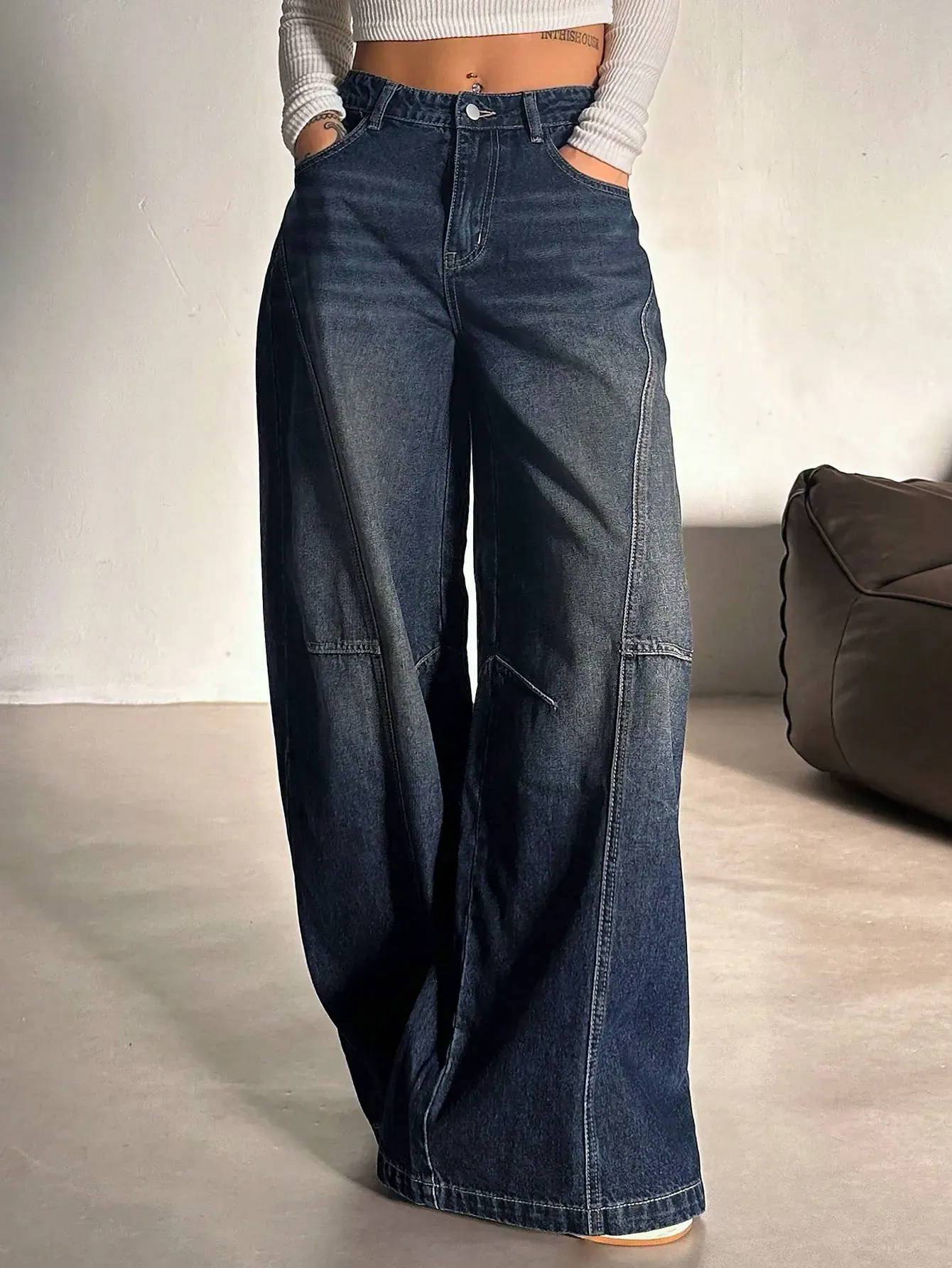 Panel Detail Wide Leg Jeans