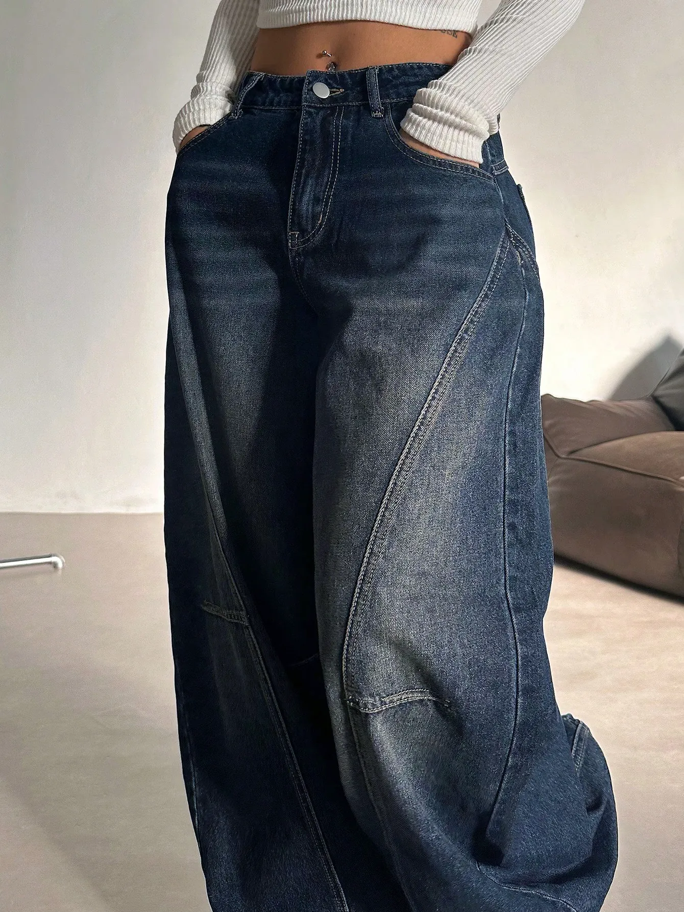 Panel Detail Wide Leg Jeans