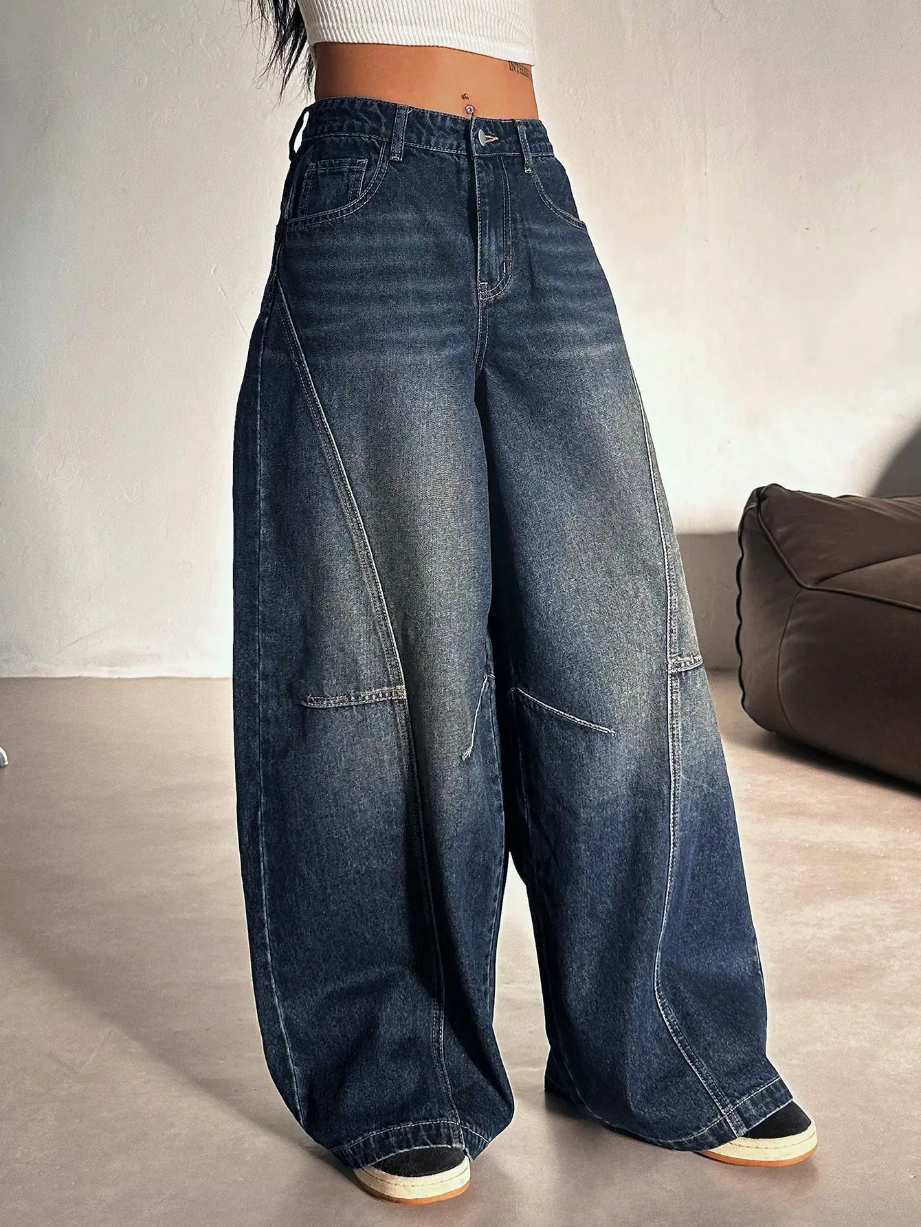 Panel Detail Wide Leg Jeans