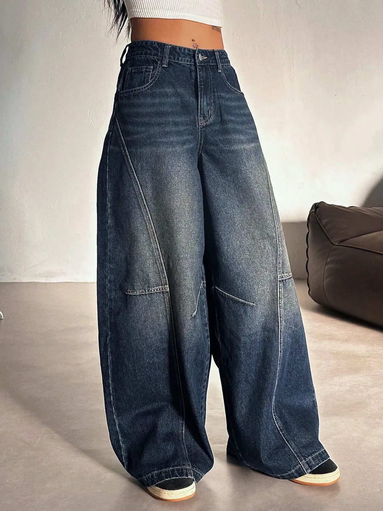 Panel Detail Wide Leg Jeans