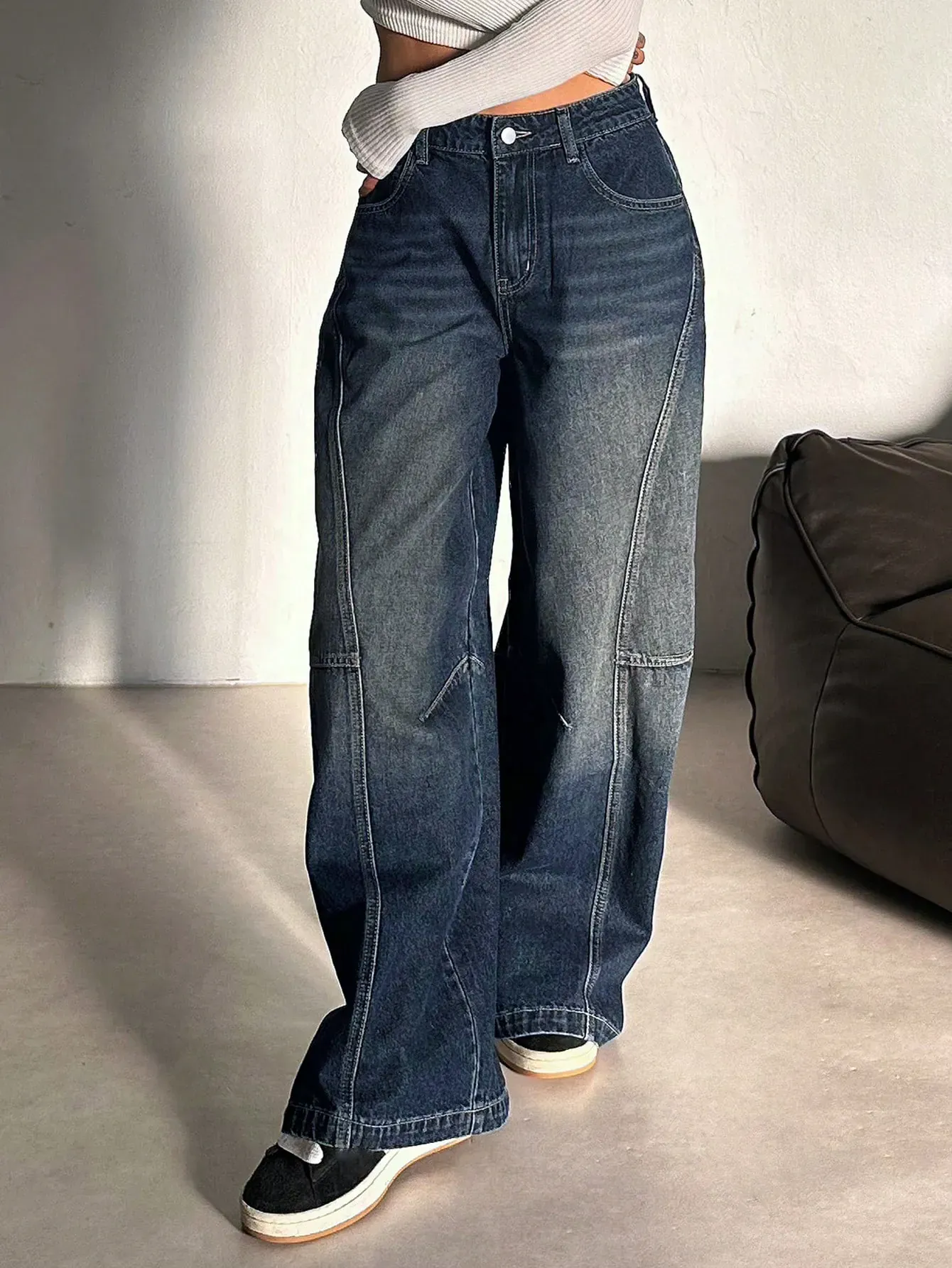 Panel Detail Wide Leg Jeans