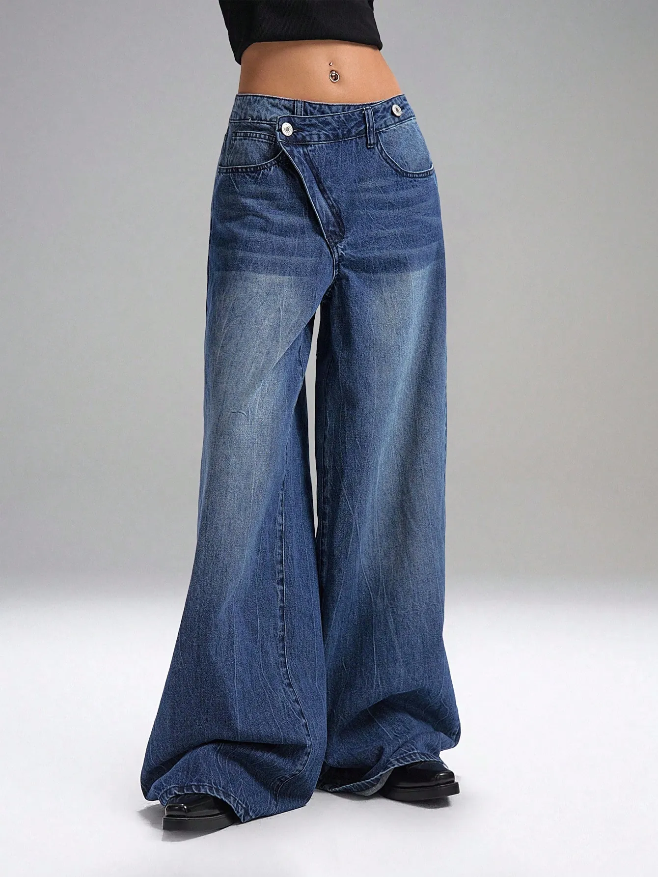 Deconstructed Front Fly Extra Wide-Leg Jeans
