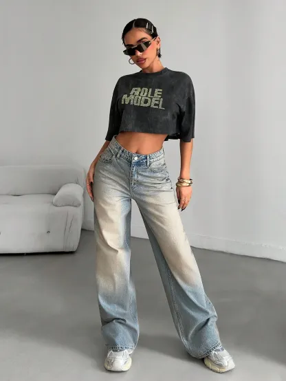 Washed Blue Straight Leg Jeans