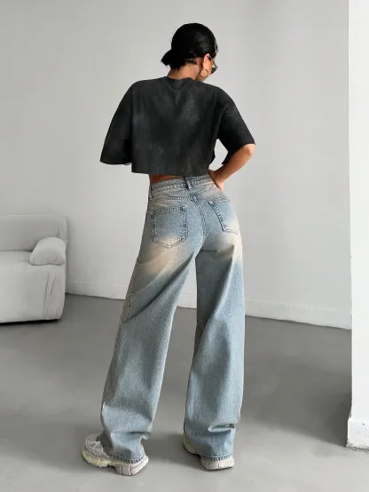 Washed Blue Straight Leg Jeans