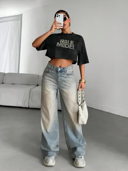 Washed Blue Straight Leg Jeans