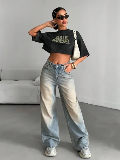 Washed Blue Straight Leg Jeans