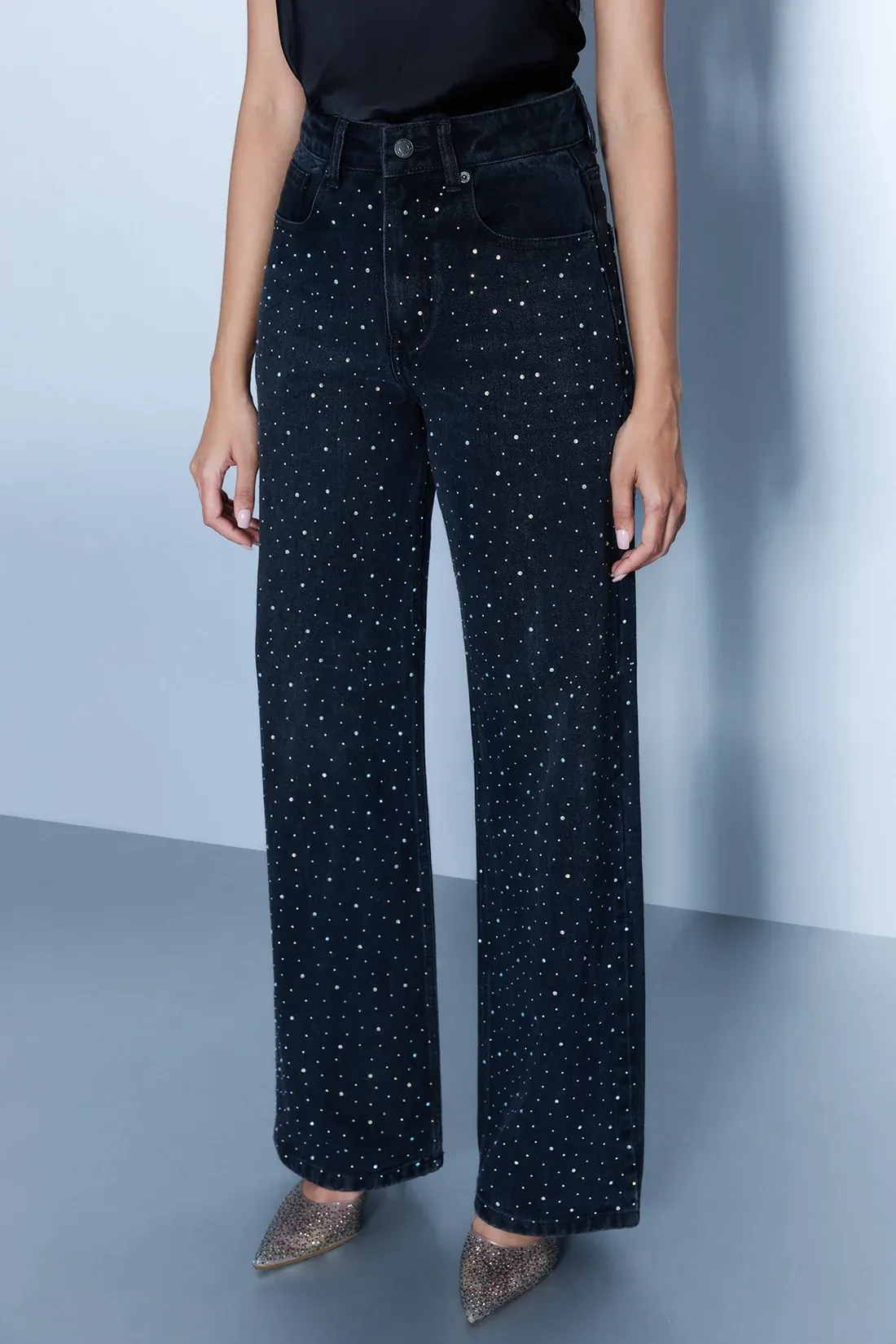 Stud Detail High-Rise Straight Jeans