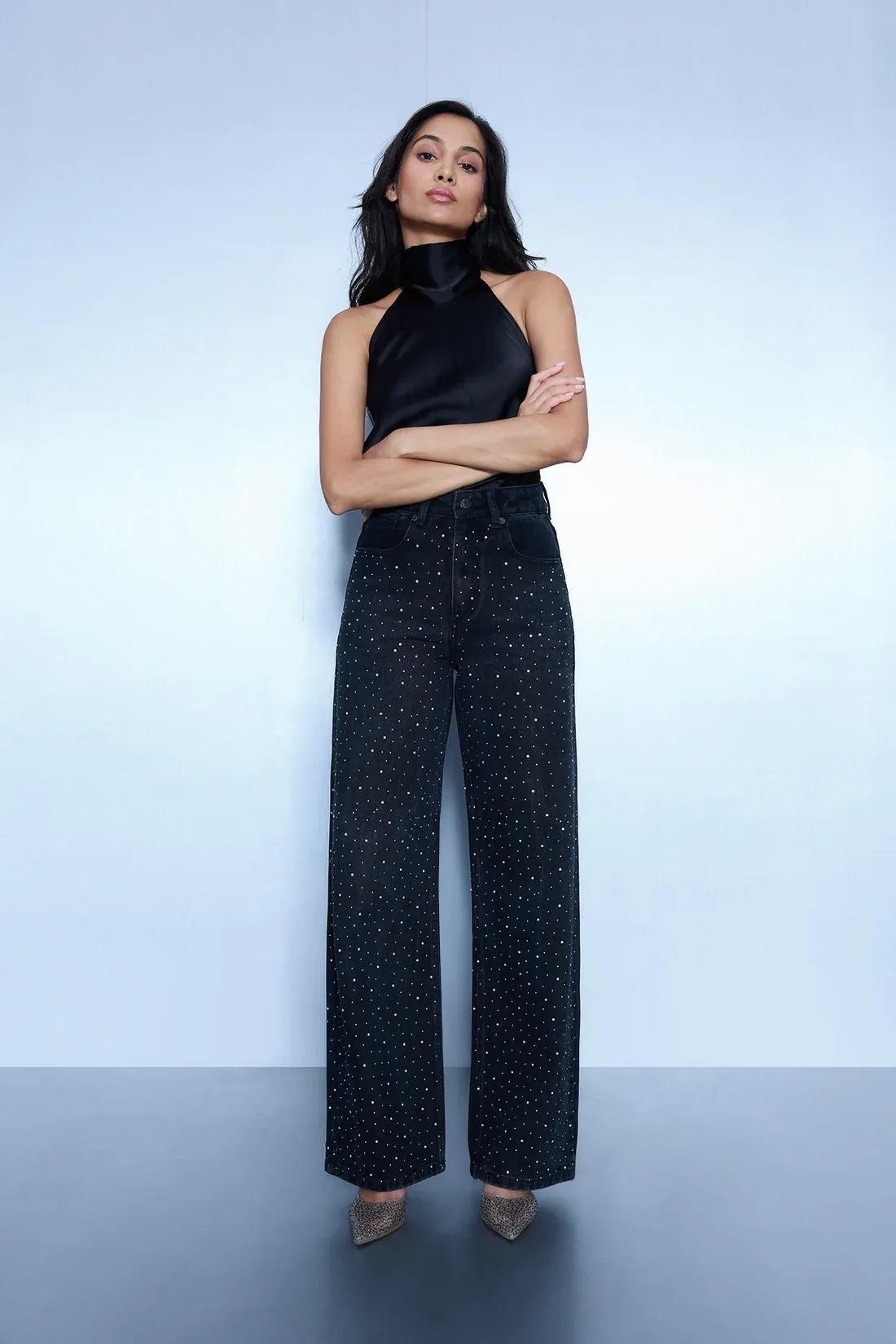 Stud Detail High-Rise Straight Jeans