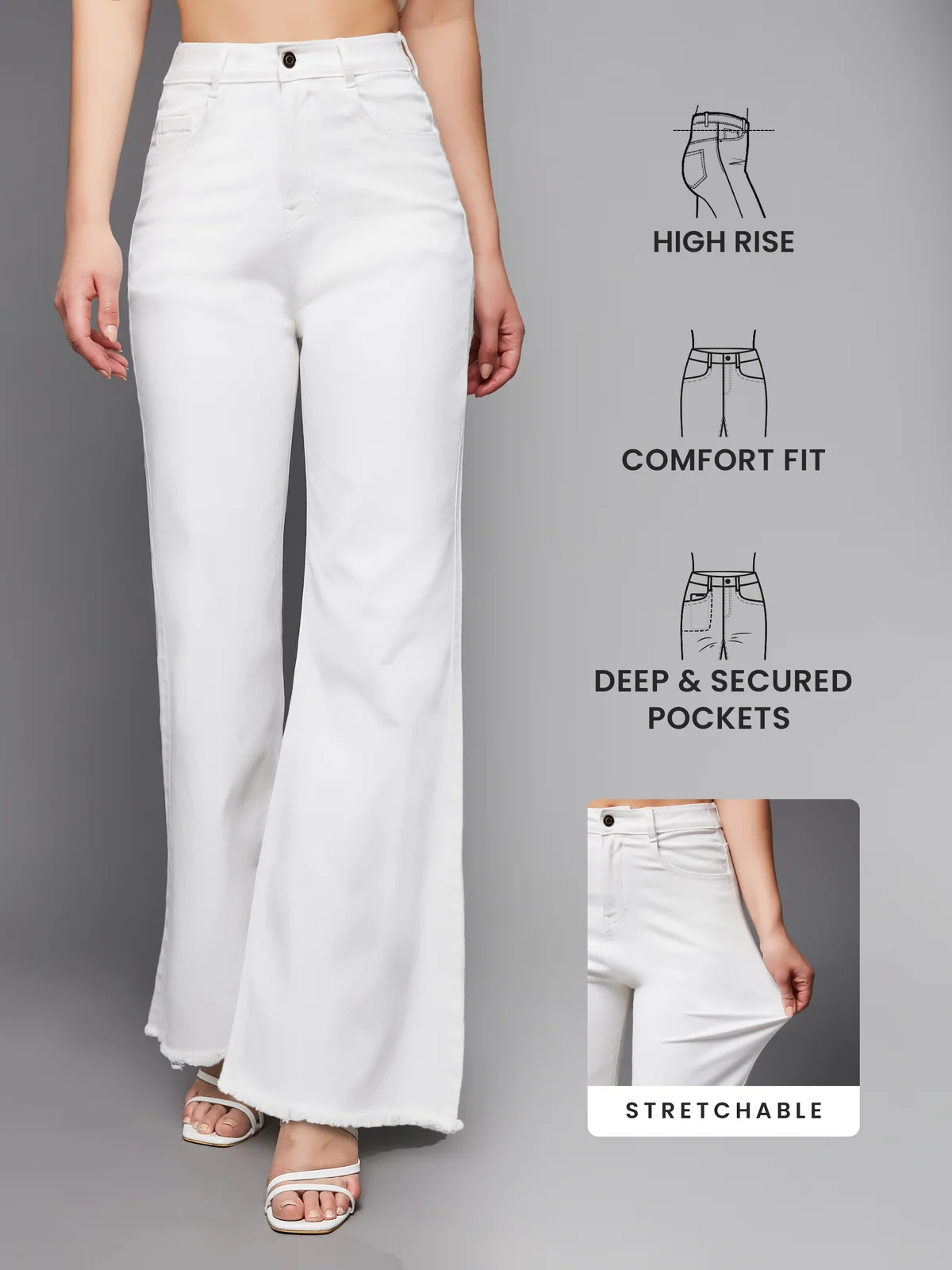 DenimHaat™ White Stretchable High-Rise Bell-Bottom Jeans