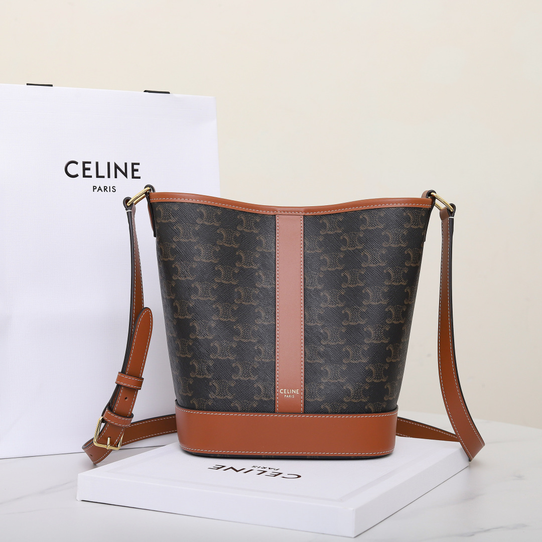 CELINE Small Bucket in Triomphe Canvas and Calfskin "White"（191442CAS-01BC）