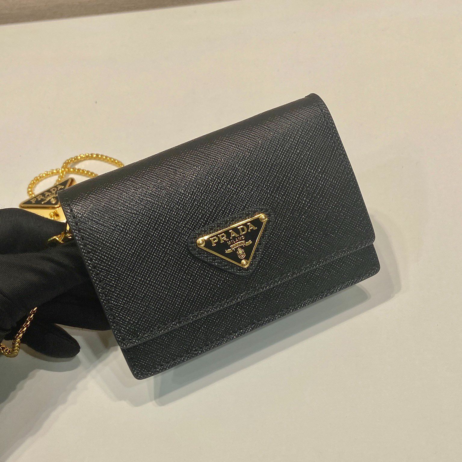 Prada Black Saffiano Leather Shoulder Strap Cardholder (1MR034_QHH_F0002)