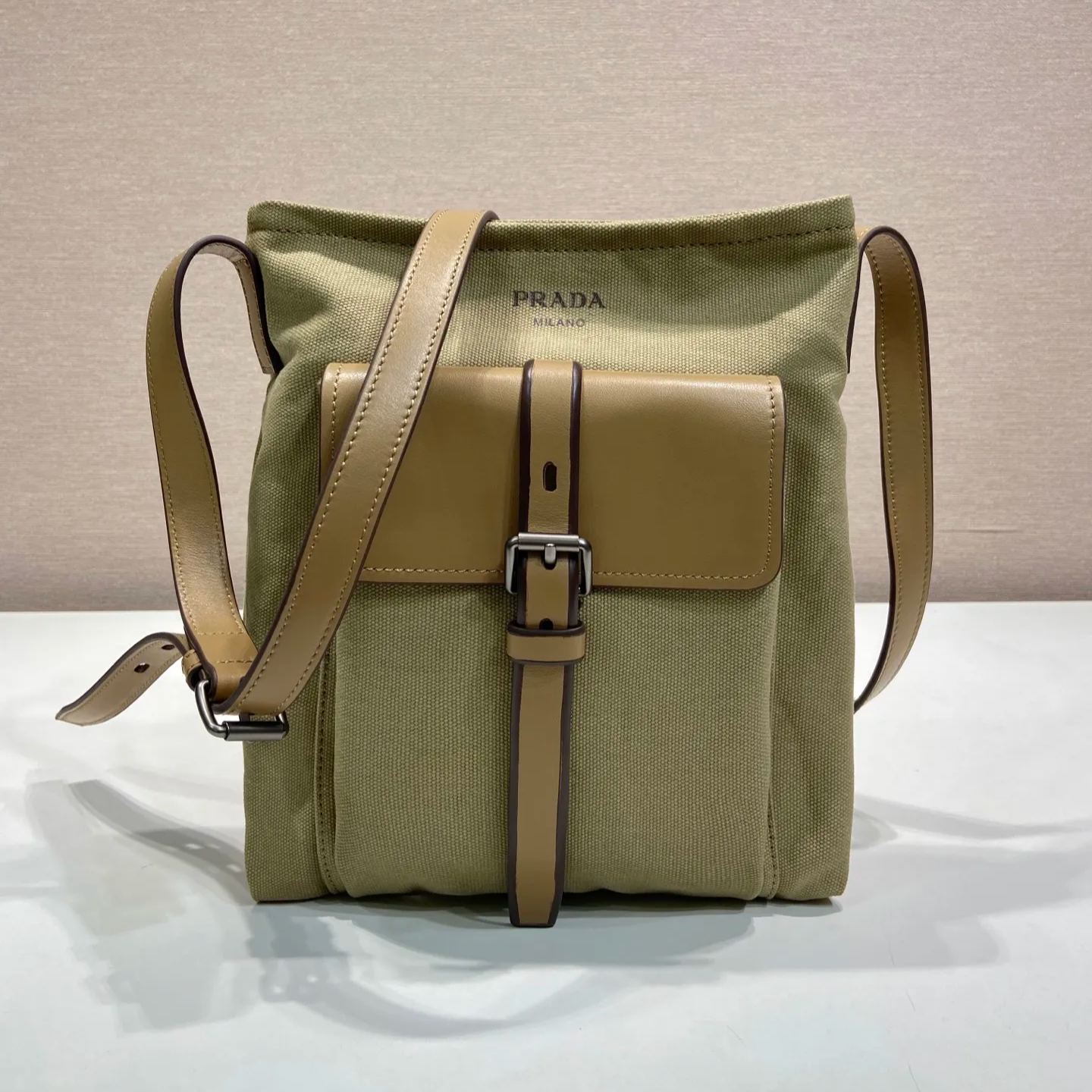 Prada Route crossbody bag in canvas and khaki leather (2VH208_2G6S_F0241_V_OOO）